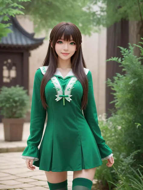 green world,best quality,masterpiece,ray tracing, global illumination, solo, green science fiction,green magi the labyrinth of magic, symmetry, facing viewer, lucia, (light smile:0.5), looking at viewer, long hair, (((bangs))), depth of field, bioluminescence, 25-year-old girl,full body,green winter uniform,green high heels,black thighhighs, no nipples, cinemagraph,
<lora:SDXL lucia 000001:0.8>