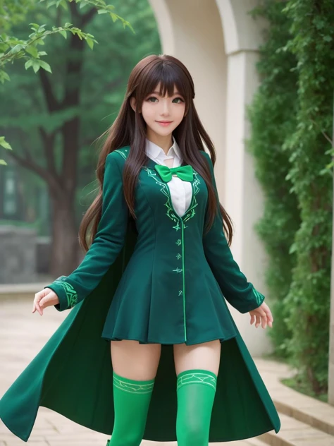 green world,best quality,masterpiece,ray tracing, global illumination, solo, green science fiction,green magi the labyrinth of magic, symmetry, facing viewer, lucia, (light smile:0.5), looking at viewer, long hair, (((bangs))), depth of field, bioluminescence, 25-year-old girl,full body,green winter uniform,green high heels,black thighhighs, no nipples, cinemagraph, 
 <lora:SDXL lucia 000001:0.8>