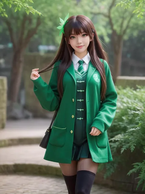 green,green world,best quality,masterpiece,ray tracing, global illumination, solo, green science fiction,green magi the labyrinth of magic, symmetry, facing viewer, lucia, (light smile:0.5), looking at viewer, long hair, (((bangs))), depth of field, bioluminescence, 25-year-old girl,full body,green winter uniform,green high heels,black thighhighs, no nipples, cinemagraph, 
 <lora:SDXL lucia 000001:0.8>