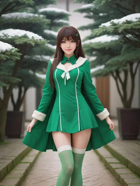 green world,best quality,masterpiece,ray tracing, global illumination, solo, green science fiction,green magi the labyrinth of magic, symmetry, facing viewer, lucia, (light smile:0.5), looking at viewer, long hair, (((bangs))), depth of field, bioluminescence, 25-year-old girl,full body,green winter uniform,green high heels,black thighhighs, no nipples, cinemagraph, 
 <lora:SDXL lucia 000001:0.8>