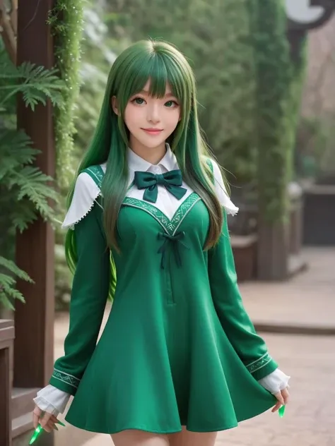 green world,best quality,masterpiece,ray tracing, global illumination, solo, green science fiction,green magi the labyrinth of magic, symmetry, facing viewer, lucia, (light smile:0.5), looking at viewer, long hair, (((bangs))), depth of field, bioluminescence, 25-year-old girl,full body,green winter uniform,green high heels,black thighhighs, no nipples, cinemagraph,
<lora:SDXL lucia 000001:0.8>