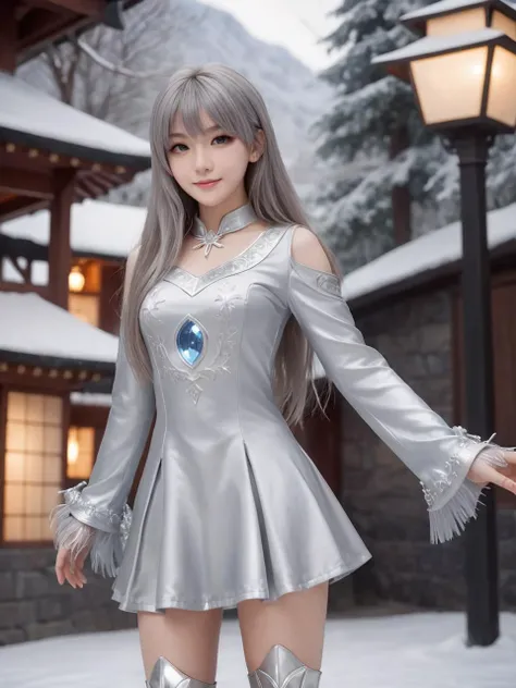 silver world,best quality,masterpiece,ray tracing, global illumination, solo, silver science fiction,silver magi the labyrinth of magic, symmetry, facing viewer, lucia, (light smile:0.5), looking at viewer, long hair, (((bangs))), depth of field, bioluminescence, 25-year-old girl,full body,silver winter uniform,silver high heels,black thighhighs, no nipples, cinemagraph, 
 <lora:SDXL lucia 000001:0.8>