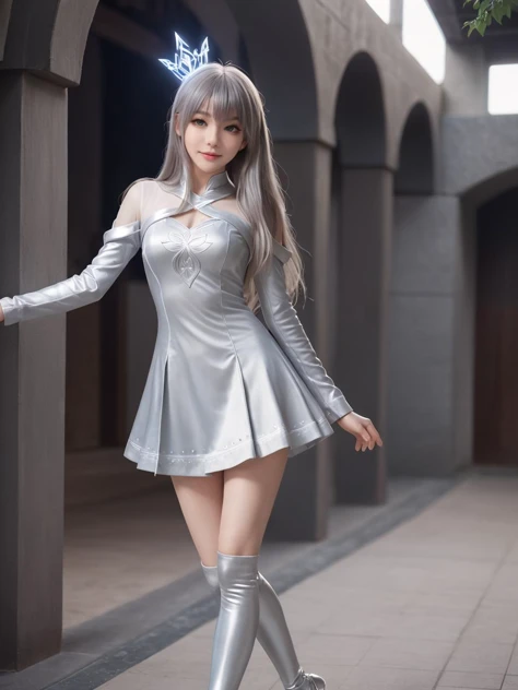 silver world,best quality,masterpiece,ray tracing, global illumination, solo, silver science fiction,silver magi the labyrinth of magic, symmetry, facing viewer, lucia, (light smile:0.5), looking at viewer, long hair, (((bangs))), depth of field, bioluminescence, 25-year-old girl,full body,silver winter uniform,silver high heels,black thighhighs, no nipples, cinemagraph, 
 <lora:SDXL lucia 000001:0.8>