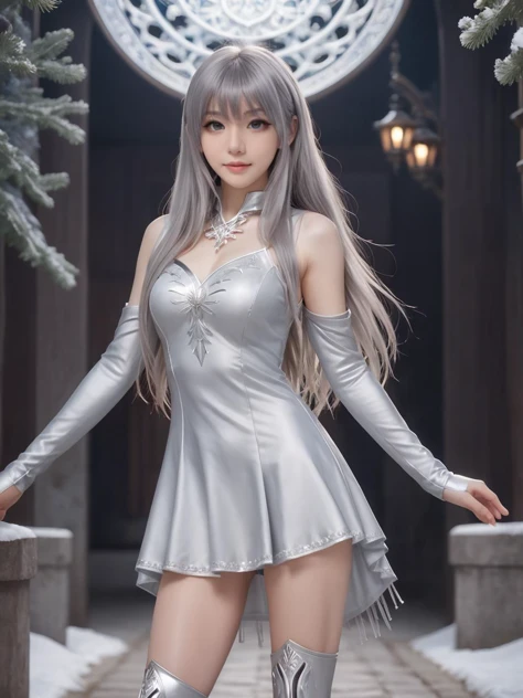 silver world,best quality,masterpiece,ray tracing, global illumination, solo, silver science fiction,silver magi the labyrinth of magic, symmetry, facing viewer, lucia, (light smile:0.5), looking at viewer, long hair, (((bangs))), depth of field, bioluminescence, 25-year-old girl,full body,silver winter uniform,silver high heels,black thighhighs, no nipples, cinemagraph, 
 <lora:SDXL lucia 000001:0.8>