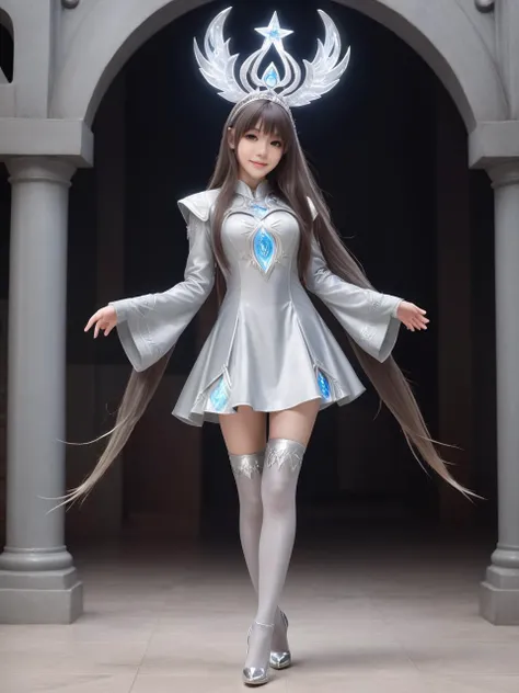 silver world,best quality,masterpiece,ray tracing, global illumination, solo, silver science fiction,silver magi the labyrinth of magic, symmetry, facing viewer, lucia, (light smile:0.5), looking at viewer, long hair, (((bangs))), depth of field, bioluminescence, 25-year-old girl,full body,silver winter uniform,silver high heels,black thighhighs, no nipples, cinemagraph, 
 <lora:SDXL lucia 000001:0.8>