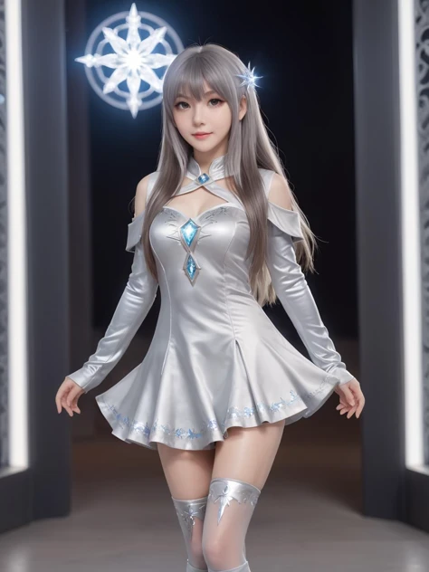 silver world,best quality,masterpiece,ray tracing, global illumination, solo, silver science fiction,silver magi the labyrinth of magic, symmetry, facing viewer, lucia, (light smile:0.5), looking at viewer, long hair, (((bangs))), depth of field, bioluminescence, 25-year-old girl,full body,silver winter uniform,silver high heels,black thighhighs, no nipples, cinemagraph, 
 <lora:SDXL lucia 000001:0.8>