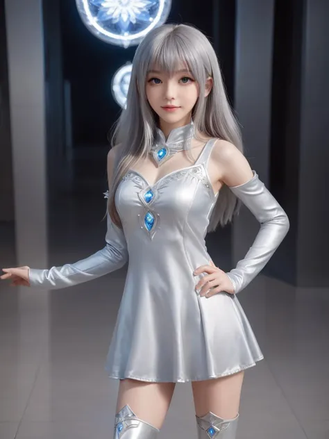 silver world,best quality,masterpiece,ray tracing, global illumination, solo, silver science fiction,silver magi the labyrinth of magic, symmetry, facing viewer, lucia, (light smile:0.5), looking at viewer, long hair, (((bangs))), depth of field, bioluminescence, 25-year-old girl,full body,silver winter uniform,silver high heels,black thighhighs, no nipples, cinemagraph, 
 <lora:SDXL lucia 000001:0.8>