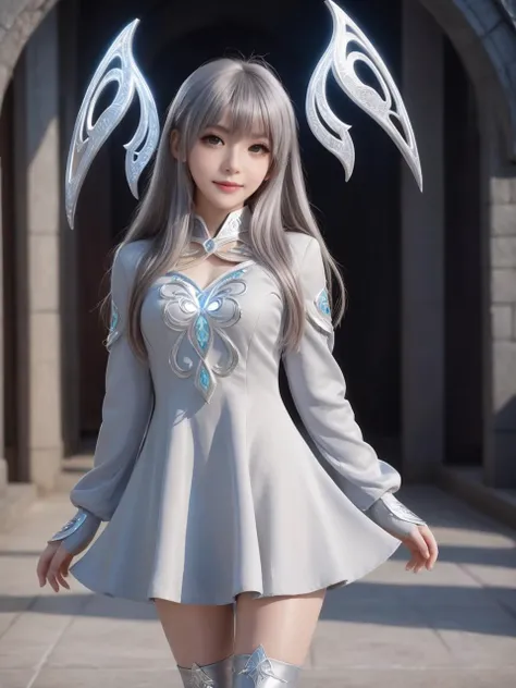 silver world,best quality,masterpiece,ray tracing, global illumination, solo, silver science fiction,silver magi the labyrinth of magic, symmetry, facing viewer, lucia, (light smile:0.5), looking at viewer, long hair, (((bangs))), depth of field, bioluminescence, 25-year-old girl,full body,silver winter uniform,silver high heels,black thighhighs, no nipples, cinemagraph, 
 <lora:SDXL lucia 000001:0.8>