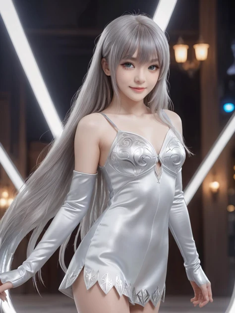 silver world,best quality,masterpiece,ray tracing, global illumination, solo, silver science fiction,silver magi the labyrinth of magic, symmetry, facing viewer, lucia, (light smile:0.5), looking at viewer, long hair, (((bangs))), depth of field, bioluminescence, 25-year-old girl,full body,silver winter uniform,silver high heels,black thighhighs, no nipples, cinemagraph, 
 <lora:SDXL lucia 000001:0.8>