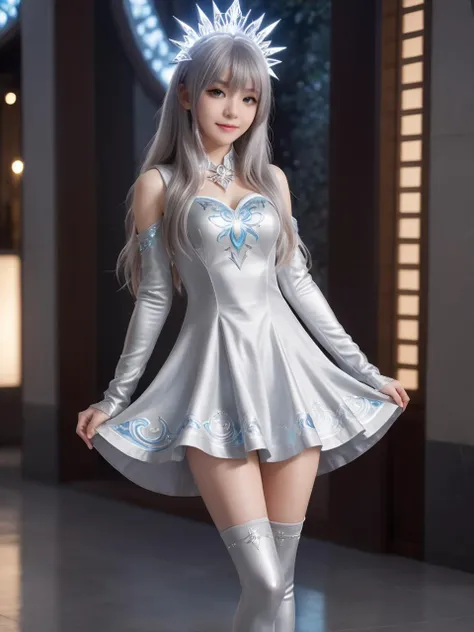 silver world,best quality,masterpiece,ray tracing, global illumination, solo, silver science fiction,silver magi the labyrinth of magic, symmetry, facing viewer, lucia, (light smile:0.5), looking at viewer, long hair, (((bangs))), depth of field, bioluminescence, 25-year-old girl,full body,silver winter uniform,silver high heels,black thighhighs, no nipples, cinemagraph,
<lora:SDXL lucia 000001:0.8>