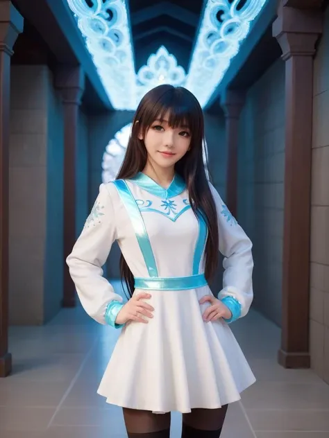 iridescent world,best quality,masterpiece,ray tracing, global illumination, solo, iridescent science fiction,iridescent magi the labyrinth of magic, symmetry, facing viewer, lucia, (light smile:0.5), looking at viewer, long hair, (((bangs))), depth of field, bioluminescence, 25-year-old girl,full body,iridescent winter uniform, high heels,black thighhighs, no nipples, cinemagraph,
<lora:SDXL lucia 000001:0.8>