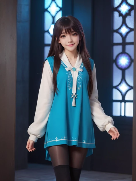iridescent world,best quality,masterpiece,ray tracing, global illumination, solo, iridescent science fiction,iridescent magi the labyrinth of magic, symmetry, facing viewer, lucia, (light smile:0.5), looking at viewer, long hair, (((bangs))), depth of field, bioluminescence, 25-year-old girl,full body,iridescent winter uniform, high heels,black thighhighs, no nipples, cinemagraph, 
 <lora:SDXL lucia 000001:0.8>