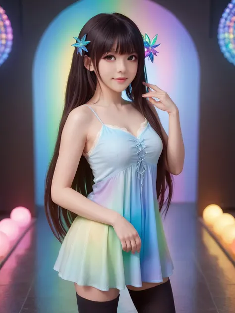 rainbow-colored world,best quality,masterpiece,ray tracing, global illumination, solo, rainbow-colored science fiction,rainbow-colored magi the labyrinth of magic, symmetry, facing viewer, lucia, (light smile:0.5), looking at viewer, long hair, (((bangs))), depth of field, bioluminescence, 25-year-old girl,full body,rainbow-colored winter uniform, high heels,black thighhighs, no nipples, cinemagraph, 
 <lora:SDXL lucia 000001:0.8>