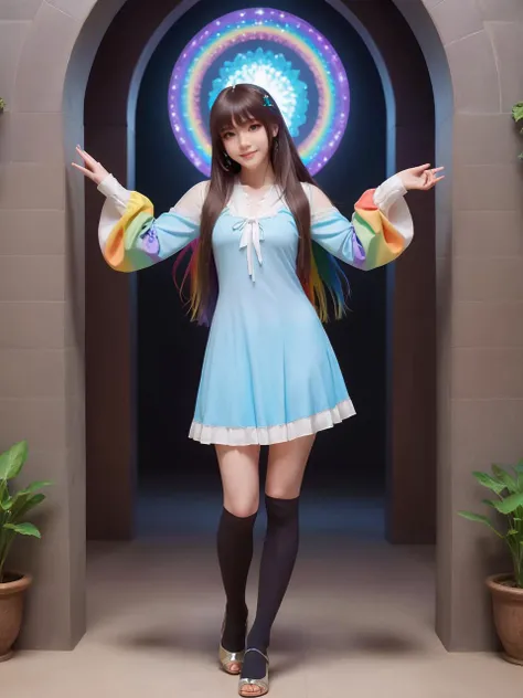 rainbow-colored world,best quality,masterpiece,ray tracing, global illumination, solo, rainbow-colored science fiction,rainbow-colored magi the labyrinth of magic, symmetry, facing viewer, lucia, (light smile:0.5), looking at viewer, long hair, (((bangs))), depth of field, bioluminescence, 25-year-old girl,full body,rainbow-colored winter uniform, high heels,black thighhighs, no nipples, cinemagraph,
<lora:SDXL lucia 000001:0.8>