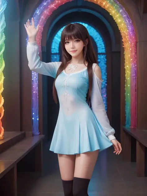 rainbow-colored world,best quality,masterpiece,ray tracing, global illumination, solo, rainbow-colored science fiction,rainbow-colored magi the labyrinth of magic, symmetry, facing viewer, lucia, (light smile:0.5), looking at viewer, long hair, (((bangs))), depth of field, bioluminescence, 25-year-old girl,full body,rainbow-colored winter uniform, high heels,black thighhighs, no nipples, cinemagraph,
<lora:SDXL lucia 000001:0.8>