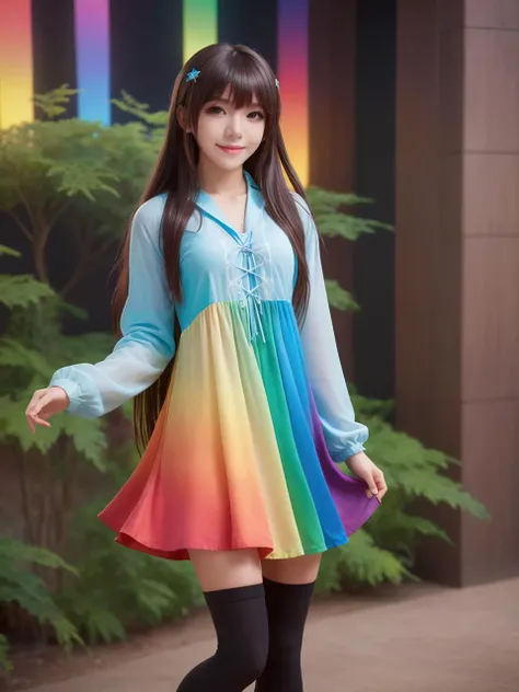 rainbow-colored world,best quality,masterpiece,ray tracing, global illumination, solo, rainbow-colored science fiction,rainbow-colored magi the labyrinth of magic, symmetry, facing viewer, lucia, (light smile:0.5), looking at viewer, long hair, (((bangs))), depth of field, bioluminescence, 25-year-old girl,full body,rainbow-colored winter uniform, high heels,black thighhighs, no nipples, cinemagraph,
<lora:SDXL lucia 000001:0.8>