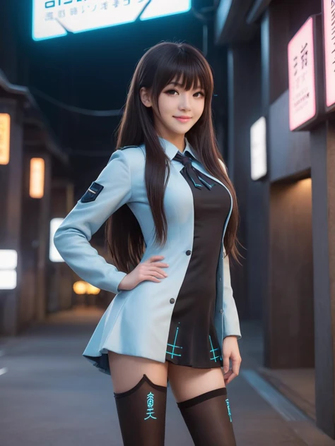 cyberpunk world,best quality,masterpiece,ray tracing, global illumination, solo, cyberpunk japan, science fiction,cyberpunk, symmetry, facing viewer, lucia, (light smile:0.5), looking at viewer, long hair, (((bangs))), depth of field, bioluminescence, 25-year-old girl,full body,cyberpunk winter uniform, high heels,black thighhighs, no nipples, cinemagraph, 
 <lora:SDXL lucia 000001:0.8>