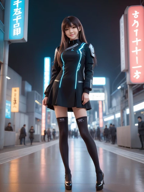 cyberpunk world,best quality,masterpiece,ray tracing, global illumination, solo, cyberpunk japan, science fiction,cyberpunk, symmetry, facing viewer, lucia, (light smile:0.5), looking at viewer, long hair, (((bangs))), depth of field, bioluminescence, 25-year-old girl,full body,cyberpunk winter uniform, high heels,black thighhighs, no nipples, cinemagraph, 
 <lora:SDXL lucia 000001:0.8>