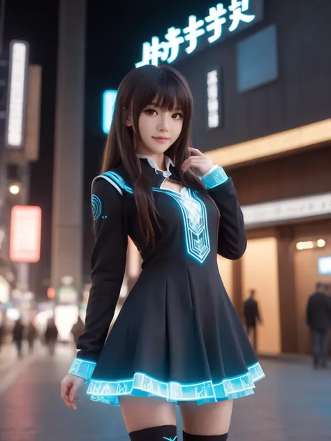 cyberpunk world,best quality,masterpiece,ray tracing, global illumination, solo, cyberpunk japan, science fiction,cyberpunk magi the labyrinth of magic, symmetry, facing viewer, lucia, (light smile:0.5), looking at viewer, long hair, (((bangs))), depth of field, bioluminescence, 25-year-old girl,full body,cyberpunk winter uniform, high heels,black thighhighs, no nipples, cinemagraph, 
 <lora:SDXL lucia 000001:0.8>