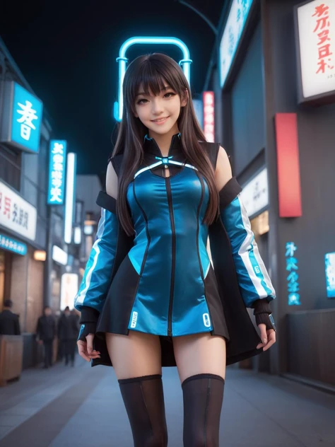 cyberpunk world,best quality,masterpiece,ray tracing, global illumination, solo, cyberpunk japan, science fiction,cyberpunk, symmetry, facing viewer, lucia, (light smile:0.5), looking at viewer, long hair, (((bangs))), depth of field, bioluminescence, 25-year-old girl,full body,cyberpunk winter uniform, high heels,black thighhighs, no nipples, cinemagraph, 
 <lora:SDXL lucia 000001:0.8>