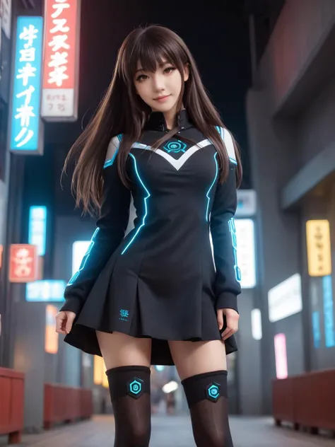 cyberpunk world,best quality,masterpiece,ray tracing, global illumination, solo, cyberpunk japan, science fiction,cyberpunk, symmetry, facing viewer, lucia, (light smile:0.5), looking at viewer, long hair, (((bangs))), depth of field, bioluminescence, 25-year-old girl,full body,cyberpunk winter uniform, high heels,black thighhighs, no nipples, cinemagraph,
<lora:SDXL lucia 000001:0.8>