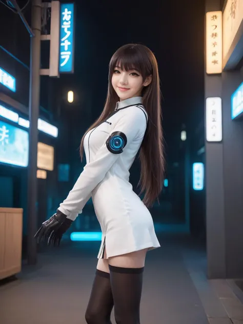 cyberpunk world,best quality,masterpiece,ray tracing, global illumination, solo, cyberpunk japan, science fiction,cyberpunk, symmetry, facing viewer, lucia, (light smile:0.5), looking at viewer, long hair, (((bangs))), depth of field, bioluminescence, 25-year-old girl,full body,cyberpunk winter uniform, high heels,black thighhighs, no nipples, cinemagraph, 
 <lora:SDXL lucia 000001:0.8>