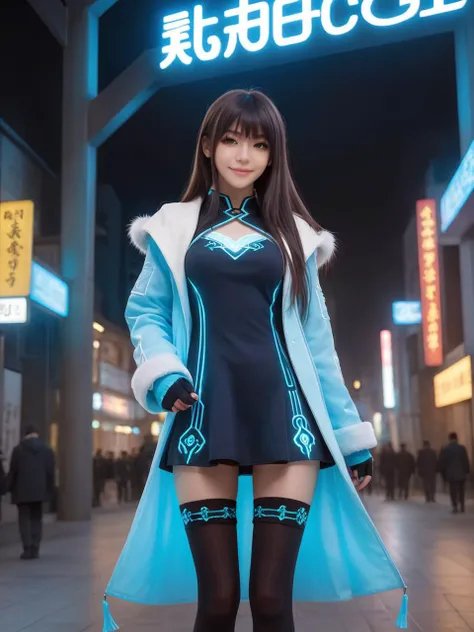 cyberpunk world,best quality,masterpiece,ray tracing, global illumination, solo, cyberpunk, science fiction,cyberpunk magi the labyrinth of magic, symmetry, facing viewer, lucia, (light smile:0.5), looking at viewer, long hair, (((bangs))), depth of field, bioluminescence, 25-year-old girl,full body,cyberpunk winter uniform, high heels,black thighhighs, no nipples, cinemagraph,
<lora:SDXL lucia 000001:0.8>