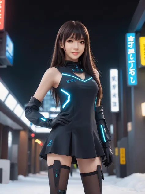 cyberpunk world,best quality,masterpiece,ray tracing, global illumination, solo, cyberpunk japan, science fiction,cyberpunk, symmetry, facing viewer, lucia, (light smile:0.5), looking at viewer, long hair, (((bangs))), depth of field, bioluminescence, 25-year-old girl,full body,cyberpunk winter uniform, high heels,black thighhighs, no nipples, cinemagraph, 
 <lora:SDXL lucia 000001:0.8>