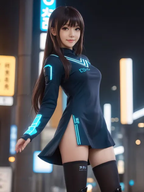 cyberpunk world,best quality,masterpiece,ray tracing, global illumination, solo, cyberpunk japan, science fiction,cyberpunk, symmetry, facing viewer, lucia, (light smile:0.5), looking at viewer, long hair, (((bangs))), depth of field, bioluminescence, 25-year-old girl,full body,cyberpunk winter uniform, high heels,black thighhighs, no nipples, cinemagraph,
<lora:SDXL lucia 000001:0.8>
