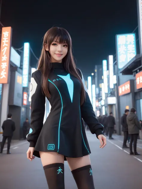 cyberpunk world,best quality,masterpiece,ray tracing, global illumination, solo, cyberpunk japan, science fiction,cyberpunk, symmetry, facing viewer, lucia, (light smile:0.5), looking at viewer, long hair, (((bangs))), depth of field, bioluminescence, 25-year-old girl,full body,cyberpunk winter uniform, high heels,black thighhighs, no nipples, cinemagraph, 
 <lora:SDXL lucia 000001:0.8>