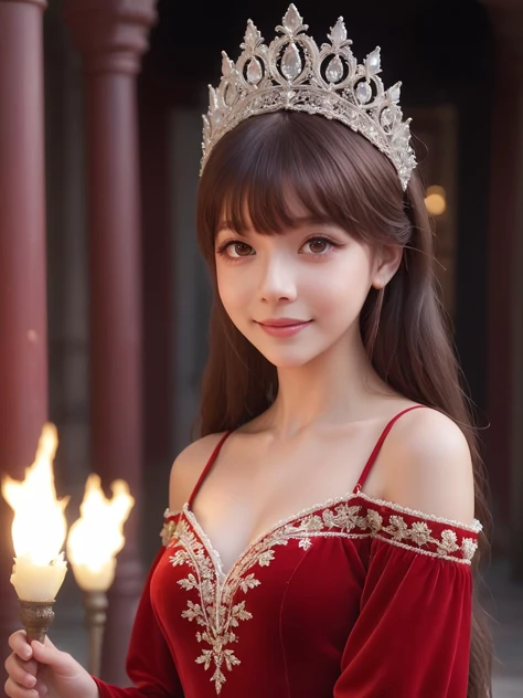 Renaissance Era,best quality,masterpiece,ray tracing, global illumination, solo, Renaissance Europe, symmetry, facing viewer, lucia, (light smile:0.5), looking at viewer, long hair, (((bangs))), depth of field, bioluminescence, 25-year-old girl,full body,Gorgeous court red dresses, no nipples, cinemagraph, Gorgeous princess headdress,Ornate palace illuminated by torches,
 <lora:SDXL lucia 000001:0.8>