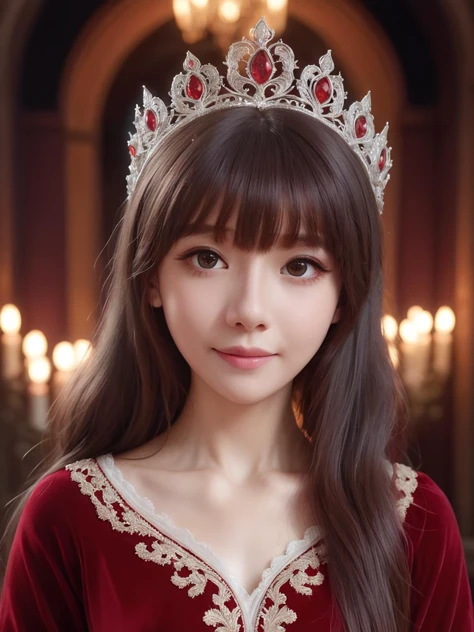 Renaissance Era,best quality,masterpiece,ray tracing, global illumination, solo, Renaissance Europe, symmetry, facing viewer, lucia, (light smile:0.5), looking at viewer, long hair, (((bangs))), depth of field, bioluminescence, 25-year-old girl,full body,Gorgeous high neck winter red princess dress, no nipples, cinemagraph, Gorgeous princess headdress,Ornate palace illuminated by torches,
 <lora:SDXL lucia 000001:0.8>