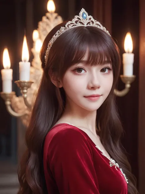 Renaissance Era,best quality,masterpiece,ray tracing, global illumination, solo, Renaissance Europe, symmetry, facing viewer, lucia, (light smile:0.5), looking at viewer, long hair, (((bangs))), depth of field, bioluminescence, 25-year-old girl,full body,Gorgeous high neck winter red princess dress, no nipples, cinemagraph, Gorgeous princess headdress,Ornate palace illuminated by torches,
<lora:SDXL lucia 000001:0.8>