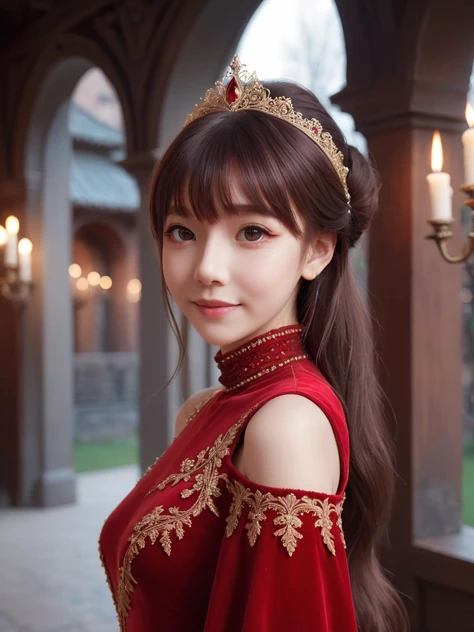 Renaissance Era,best quality,masterpiece,ray tracing, global illumination, solo, Renaissance Europe, symmetry, facing viewer, lucia, (light smile:0.5), looking at viewer, long hair, (((bangs))), depth of field, bioluminescence, 25-year-old girl,full body,Gorgeous high neck winter red princess dress, no nipples, cinemagraph, Gorgeous princess headdress,Ornate palace illuminated by torches,
<lora:SDXL lucia 000001:0.8>