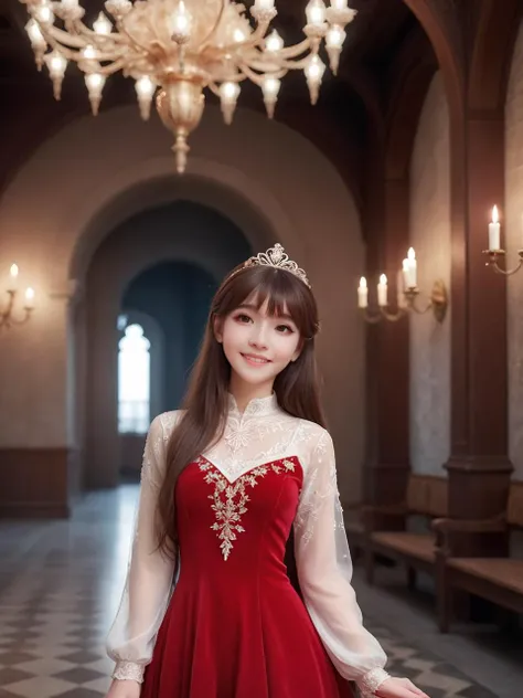 Renaissance Era,best quality,masterpiece,ray tracing, global illumination, solo, Renaissance Europe, symmetry, facing viewer, lucia, (light smile:0.5), looking at viewer, long hair, (((bangs))), depth of field, bioluminescence, 25-year-old girl,full body,Gorgeous high neck winter red princess dress, no nipples, cinemagraph, Gorgeous princess headdress,Ornate palace illuminated by torches,
 <lora:SDXL lucia 000001:0.8>