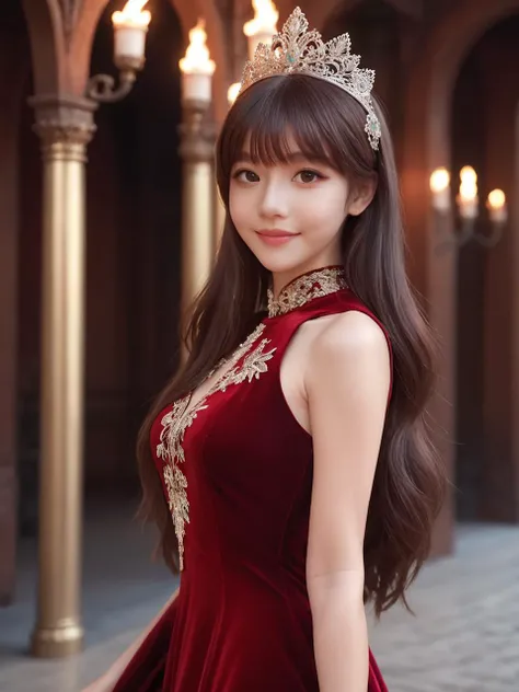 Renaissance Era,best quality,masterpiece,ray tracing, global illumination, solo, Renaissance Europe, symmetry, facing viewer, lucia, (light smile:0.5), looking at viewer, long hair, (((bangs))), depth of field, bioluminescence, 25-year-old girl,full body,Gorgeous high neck winter red princess dress, no nipples, cinemagraph, Gorgeous princess headdress,Ornate palace illuminated by torches,
<lora:SDXL lucia 000001:0.8>