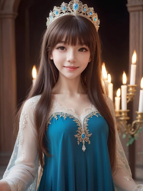 Renaissance Era,best quality,masterpiece,ray tracing, global illumination, solo, Renaissance Europe, symmetry, facing viewer, lucia, (light smile:0.5), looking at viewer, long hair, (((bangs))), depth of field, bioluminescence, 25-year-old girl,full body,Gorgeous court dresses, no nipples, cinemagraph, Gorgeous princess headdress,Ornate palace illuminated by torches,
 <lora:SDXL lucia 000001:0.8>