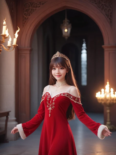 Renaissance Era,best quality,masterpiece,ray tracing, global illumination, solo, Renaissance Europe, symmetry, facing viewer, lucia, (light smile:0.5), looking at viewer, long hair, (((bangs))), depth of field, bioluminescence, 25-year-old girl,full body,Gorgeous high neck winter red princess dress, no nipples, cinemagraph, Gorgeous princess headdress,Ornate palace illuminated by torches,
 <lora:SDXL lucia 000001:0.8>