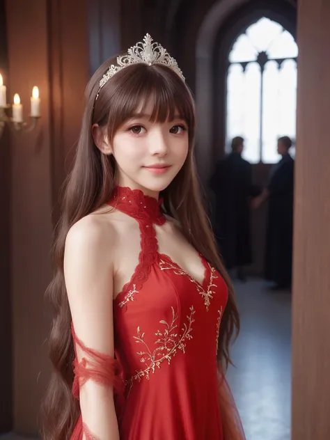 Renaissance Era,best quality,masterpiece,ray tracing, global illumination, solo, Renaissance Europe, symmetry, facing viewer, lucia, (light smile:0.5), looking at viewer, long hair, (((bangs))), depth of field, bioluminescence, 25-year-old girl,full body,Gorgeous high neck winter red princess dress, no nipples, cinemagraph, Gorgeous princess headdress,Ornate palace illuminated by torches,
 <lora:SDXL lucia 000001:0.8>