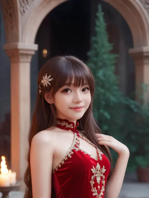 Renaissance Era,best quality,masterpiece,ray tracing, global illumination, solo, Renaissance Europe, symmetry, facing viewer, lucia, (light smile:0.5), looking at viewer, long hair, (((bangs))), depth of field, bioluminescence, 25-year-old girl,full body,Gorgeous high neck winter red princess dress, no nipples, cinemagraph, Gorgeous princess headdress,Ornate palace illuminated by torches,
<lora:SDXL lucia 000001:0.8>