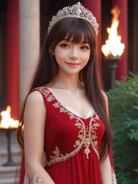 Renaissance Era,best quality,masterpiece,ray tracing, global illumination, solo, Renaissance Europe, symmetry, facing viewer, lucia, (light smile:0.5), looking at viewer, long hair, (((bangs))), depth of field, bioluminescence, 25-year-old girl,full body,Gorgeous court red dresses, no nipples, cinemagraph, Gorgeous princess headdress,Ornate palace illuminated by torches,
 <lora:SDXL lucia 000001:0.8>