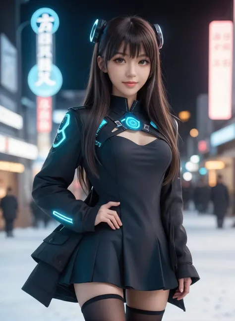 <lora:Princess Lucia:0.2>,
cyberpunk world,best quality,masterpiece,ray tracing, global illumination, solo, cyberpunk japan, science fiction,cyberpunk, symmetry, facing viewer, lucia, (light smile:0.5), looking at viewer, long hair, (((bangs))), depth of field, bioluminescence, 25-year-old girl,full body,cyberpunk winter uniform, high heels,black thighhighs, no nipples, cinemagraph,
