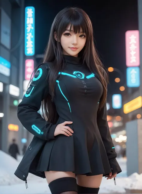 <lora:Princess Lucia:0.4>,
cyberpunk world,best quality,masterpiece,ray tracing, global illumination, solo, cyberpunk japan, science fiction,cyberpunk, symmetry, facing viewer, lucia, (light smile:0.5), looking at viewer, long hair, (((bangs))), depth of field, bioluminescence, 25-year-old girl,full body,cyberpunk winter uniform, high heels,black thighhighs, no nipples, cinemagraph,