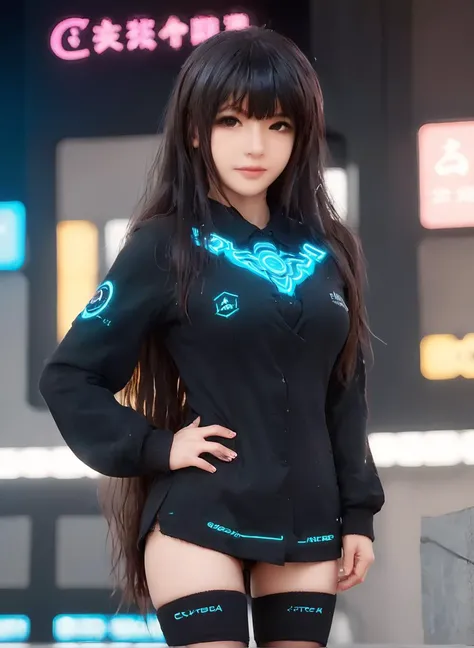 <lora:Princess Lucia:1>,
cyberpunk world,best quality,masterpiece,ray tracing, global illumination, solo, cyberpunk japan, science fiction,cyberpunk, symmetry, facing viewer, lucia, (light smile:0.5), looking at viewer, long hair, (((bangs))), depth of field, bioluminescence, 25-year-old girl,full body,cyberpunk winter uniform, high heels,black thighhighs, no nipples, cinemagraph,