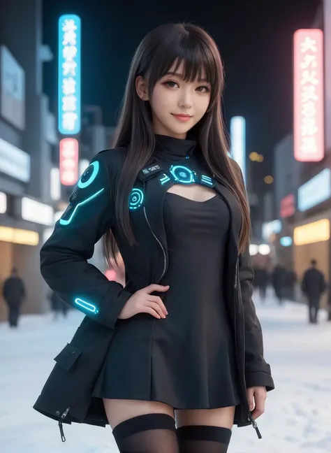 <lora:Princess Lucia:0.3>,
cyberpunk world,best quality,masterpiece,ray tracing, global illumination, solo, cyberpunk japan, science fiction,cyberpunk, symmetry, facing viewer, lucia, (light smile:0.5), looking at viewer, long hair, (((bangs))), depth of field, bioluminescence, 25-year-old girl,full body,cyberpunk winter uniform, high heels,black thighhighs, no nipples, cinemagraph,
