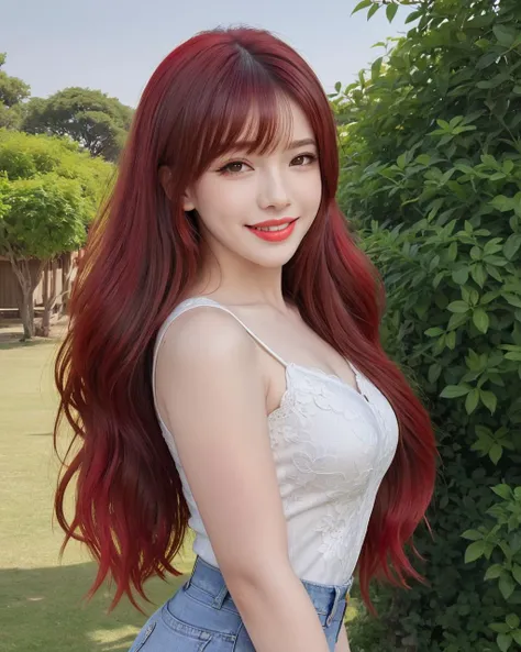 ((Realistic lighting, Best quality, 8K, Masterpiece: 1.3)), Clear focus: 1.2, 1girl, Perfect body beauty: 1.4, Slim abs: 1.1, ((Red hair, Milk: 1.3)), cowgirl pose, (Outdoor, daytime: 1.1), Country street, Super fine face, fine eyes, double eyelids, curly hair, fair skin, Big breasts, random color clothes