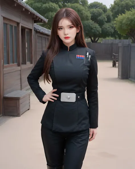 bangs, (sharpening, sharpening face):1.3, 1girl, solo, face viewer, looking at viewer, full body, cowboy shot, no nipples, makeup, red lips, long hair, outdoors, wide hips, realistic, (masterpiece:1.2, best quality, absurd res, ultra detailed),  
 Imperial officer wearing a black uniform,
<lora:SDXL lucia 000001:0.6> 
 <lora:SDXL Imperial Officer è§¦å Imperial officer wearing a (color) uniform:1>