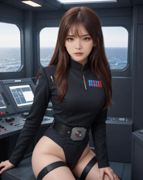 bangs, (sharpening, sharpening face):1.3, 1girl, solo, face viewer, looking at viewer, full body, cowboy shot, no nipples, makeup, red lips, long hair, realistic, (masterpiece:1.2, best quality, absurd res, ultra detailed), fighting stance, Imperial officer wearing a black uniform,
Defeated Galactic Empire fleet, damaged Jagged Starships, cockpits of ships with malfunctioning equipment, huge portholes, galaxies, planets, galaxies, floating ship debris,lucia,
sitting, spread legs, cameltoe, sexmachine,
<lora:SDXL lucia 000001:0.5> 
<lora:SDXL Imperial Officer è§¦å Imperial officer wearing a (color) uniform:0.5>
 <lora:SDXL sexmachine_XL è§¦å sexmachine,1girl,spread legs,cum in pussy,stationary restraints:0.5>