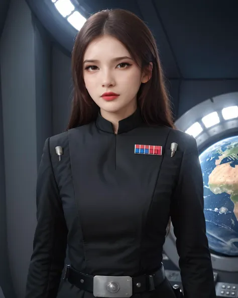 bangs, (sharpening, sharpening face):1.3, 1girl, solo, face viewer, looking at viewer, full body, cowboy shot, no nipples, makeup, red lips, long hair, realistic, (masterpiece:1.2, best quality, absurd res, ultra detailed),  Galactic Empire Fleet, Jaguar, ship cockpit, huge portholes, galaxies, planets, the Milky Way, Imperial officer wearing a black uniform,fighting stance, 
<lora:SDXL lucia 000001:0.7> 
<lora:SDXL Imperial Officer è§¦å Imperial officer wearing a (color) uniform:0.8>