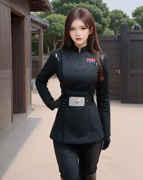 bangs, (sharpening, sharpening face):1.3, 1girl, solo, face viewer, looking at viewer, full body, cowboy shot, no nipples, makeup, red lips, long hair, outdoors, wide hips, realistic, (masterpiece:1.2, best quality, absurd res, ultra detailed),
Imperial officer wearing a black uniform,
<lora:SDXL lucia 000001:0.6>
<lora:SDXL Imperial Officer 触å Imperial officer wearing a (color) uniform:1>